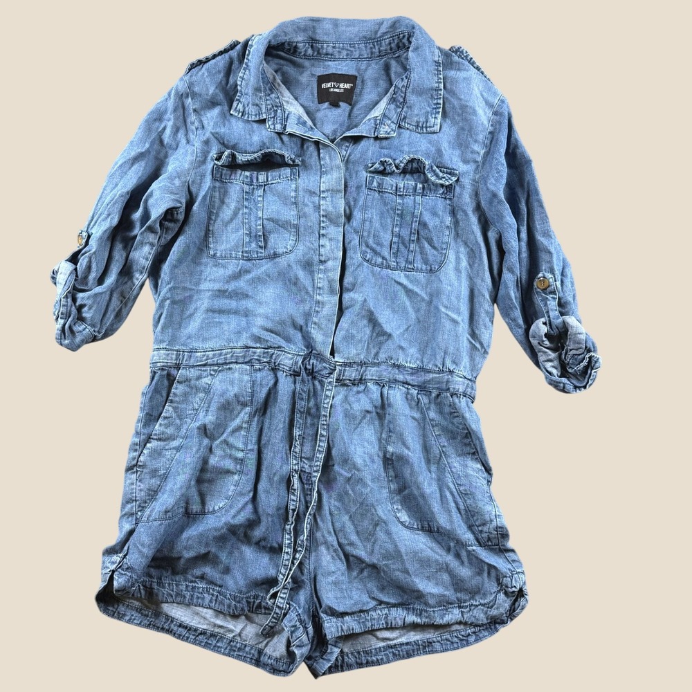 Velvet Heart Romper Women L Blue Denim Tencel Utility Casual Short Jumpsuit Chic